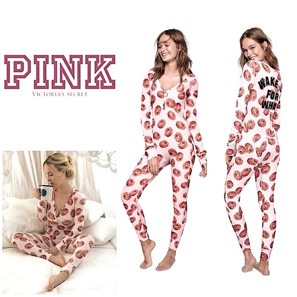 VS PINK THERMAL BUTT FLAP ONESIE- DONUTS & “WAKE UP FOR WHAT” - Picture 1 of 12